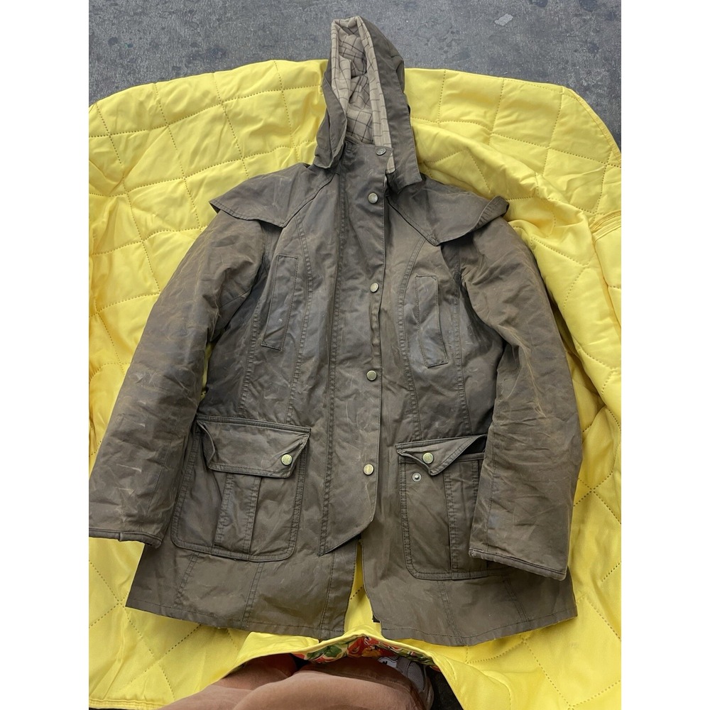Barbour Waxed Cotton Hooded Jacket Women Size 6 Olive Brown Utility Coat